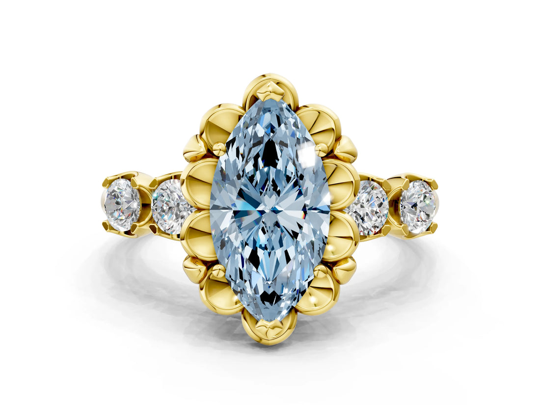 Yellow gold Fancy Blue Marquise  Cut Diamond Floral Halo Engagement Ring with Shared Prong Setting 1