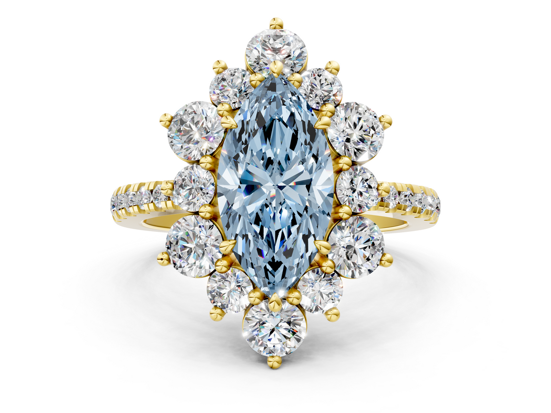 Yellow gold Fancy Blue Marquise  Cut Diamond Floral Halo Pave Band with Prong Setting_37