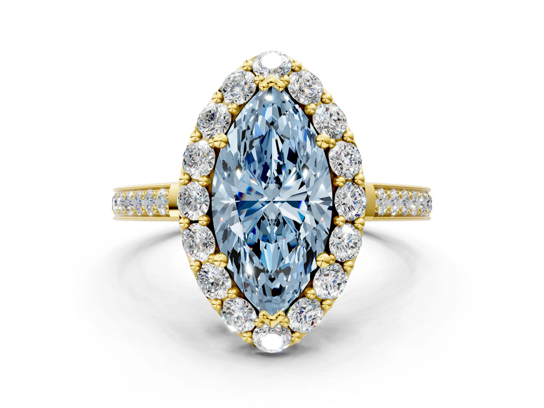Yellow gold Fancy Blue Marquise Cut Diamond Floral Halo Ring with Pavé Band and Prong Setting_3