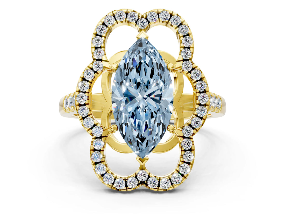Yellow gold Fancy Blue Marquise Cut Diamond Floral Halo Split Shank Prong Setting Ring