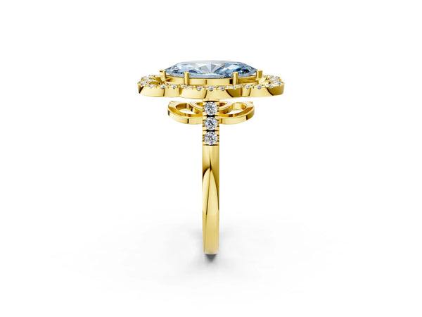Yellow gold Fancy Blue Marquise Cut Diamond Floral Halo Split Shank Prong Setting Ring