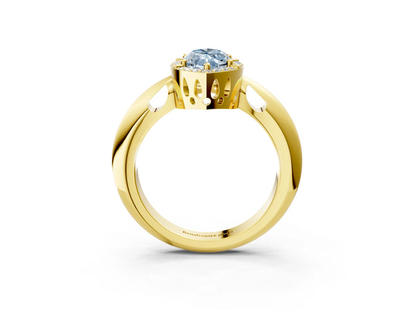 Yellow gold Fancy Blue Marquise  Cut Diamond Halo Engagement Ring with Split Shank and Four-Prong Setting
