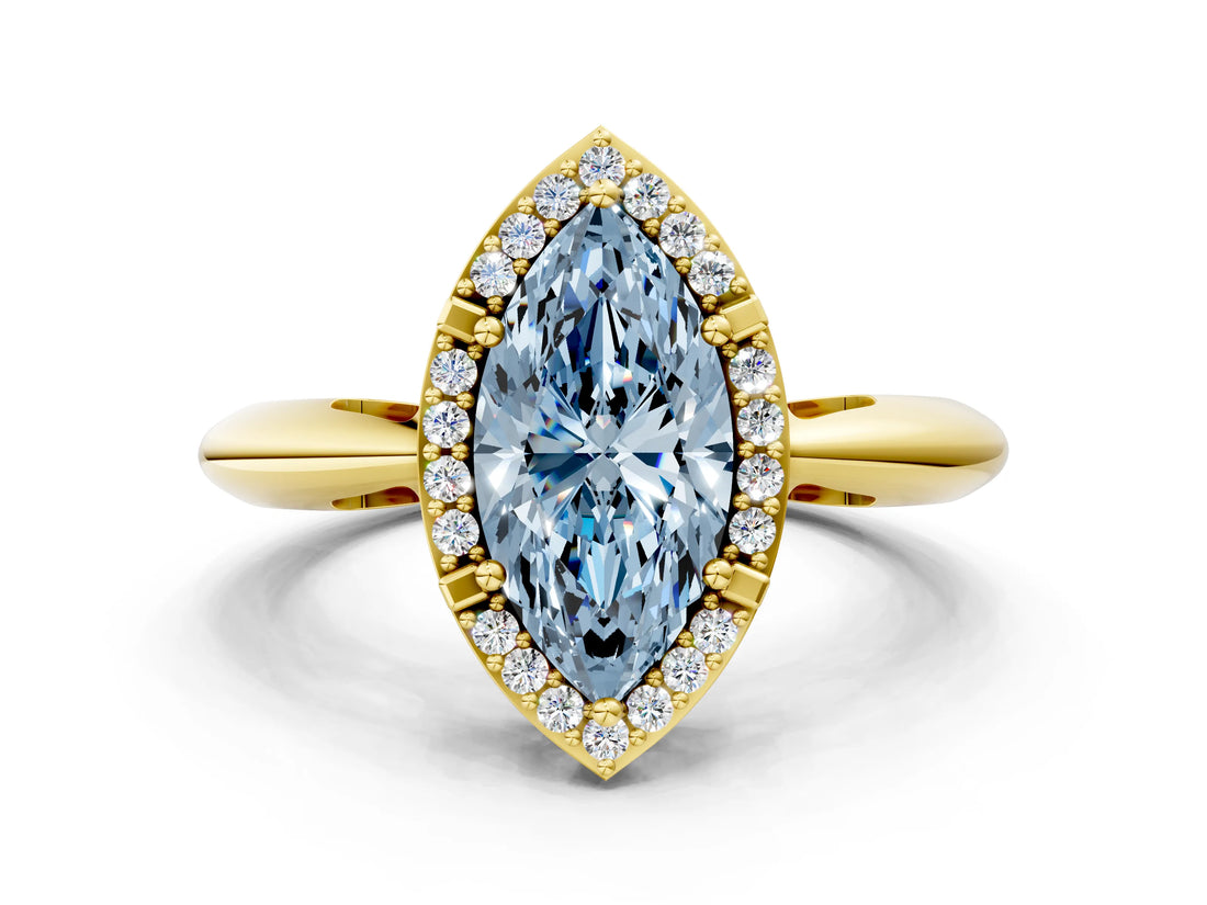 Yellow gold Fancy Blue Marquise  Cut Diamond Halo Engagement Ring with Split Shank and Four-Prong Setting_98