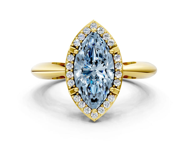 Yellow gold Fancy Blue Marquise  Cut Diamond Halo Engagement Ring with Split Shank and Four-Prong Setting