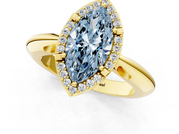 Yellow gold Fancy Blue Marquise  Cut Diamond Halo Engagement Ring with Split Shank and Four-Prong Setting