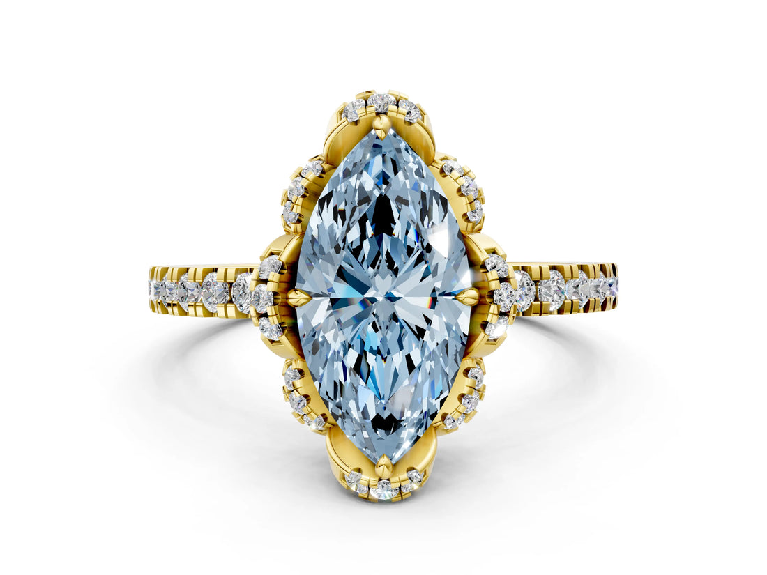Yellow gold Fancy Blue Marquise Cut Diamond Halo Pave Band with Four-Prong Setting_3