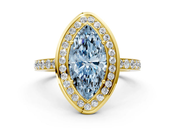 Yellow gold Fancy Blue Marquise Cut Diamond Halo Ring with Bezel Frame and Pavé Band