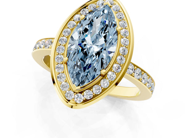 Yellow gold Fancy Blue Marquise Cut Diamond Halo Ring with Bezel Frame and Pavé Band