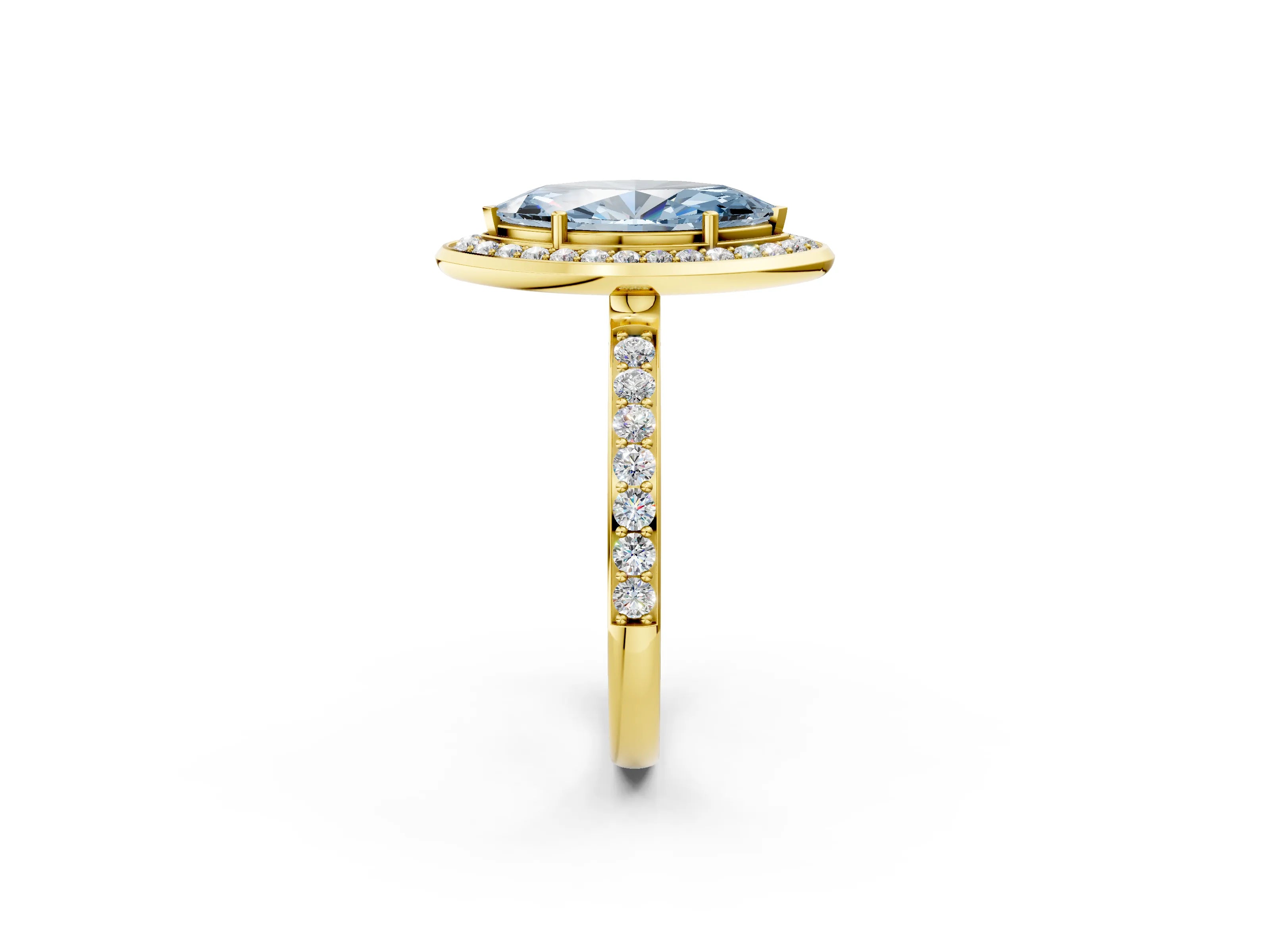 Yellow gold Fancy Blue Marquise Cut Diamond Halo Ring with Bezel Frame and Pavé Band_2