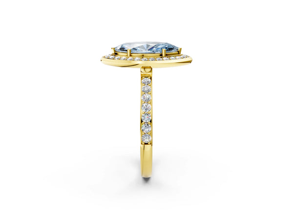 Yellow gold Fancy Blue Marquise Cut Diamond Halo Ring with Bezel Frame and Pavé Band