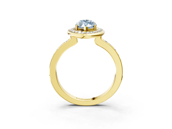 Yellow gold Fancy Blue Marquise Cut Diamond Halo Ring with Bezel Frame and Pavé Band
