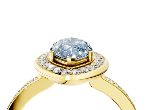 Yellow gold Fancy Blue Marquise Cut Diamond Halo Ring with Bezel Frame and Pavé Band_4