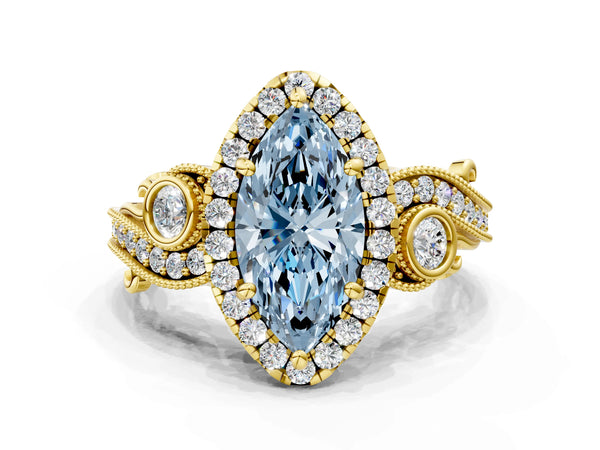 Yellow gold Fancy Blue Marquise Cut Diamond Halo Ring with Milgrain Pavé Band and Four-Prong Setting