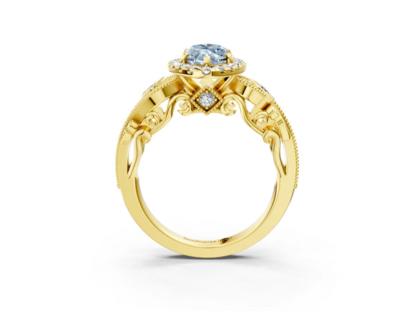 Yellow gold Fancy Blue Marquise Cut Diamond Halo Ring with Milgrain Pavé Band and Four-Prong Setting