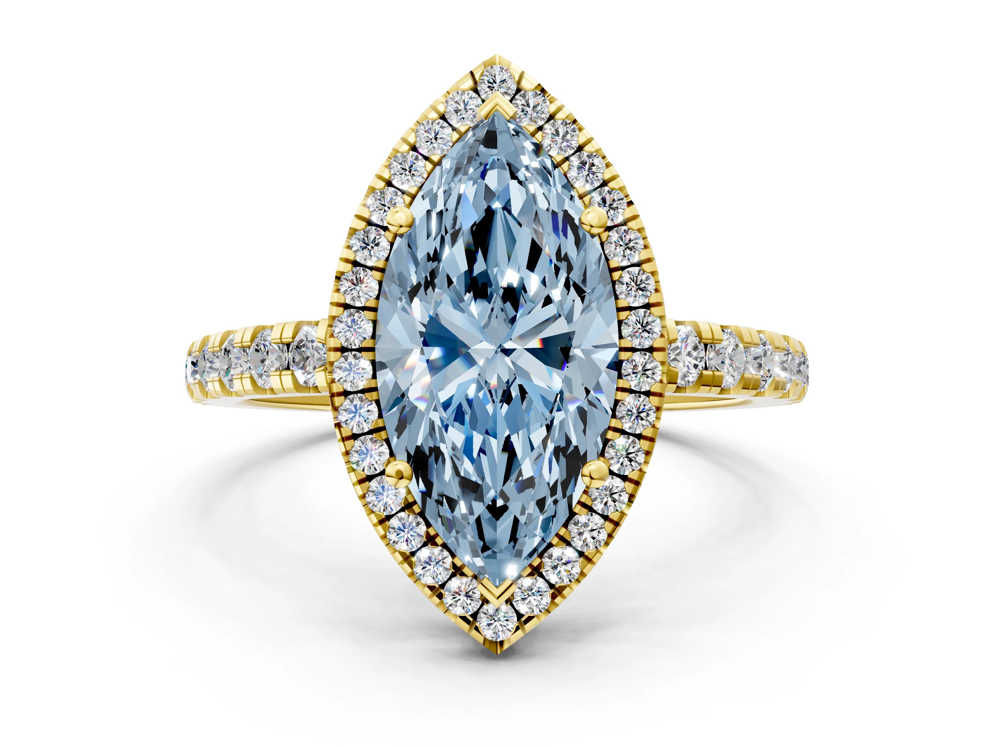 Yellow gold Fancy Blue Marquise Cut Diamond Halo Ring with Pavé Band and Four-Prong Setting