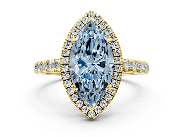 Yellow gold Fancy Blue Marquise Cut Diamond Halo Ring with Pavé Band and Four-Prong Setting