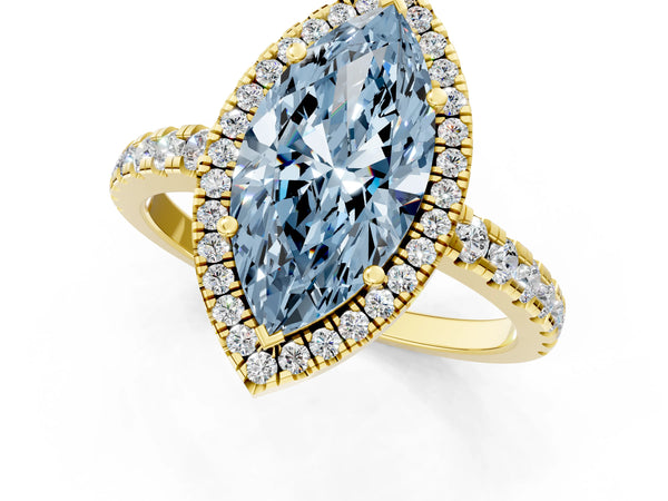 Yellow gold Fancy Blue Marquise Cut Diamond Halo Ring with Pavé Band and Four-Prong Setting