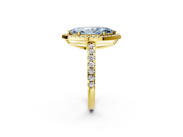 Yellow gold Fancy Blue Marquise Cut Diamond Halo Ring with Pavé Band and Four-Prong Setting