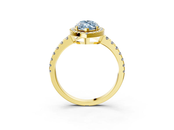 Yellow gold Fancy Blue Marquise Cut Diamond Halo Ring with Pavé Band and Four-Prong Setting