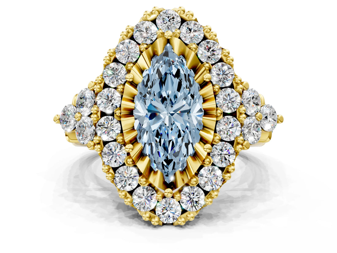 Yellow gold Fancy Blue Marquise Cut Diamond Halo Ring with Pavé Band and Four-Prong Setting_41