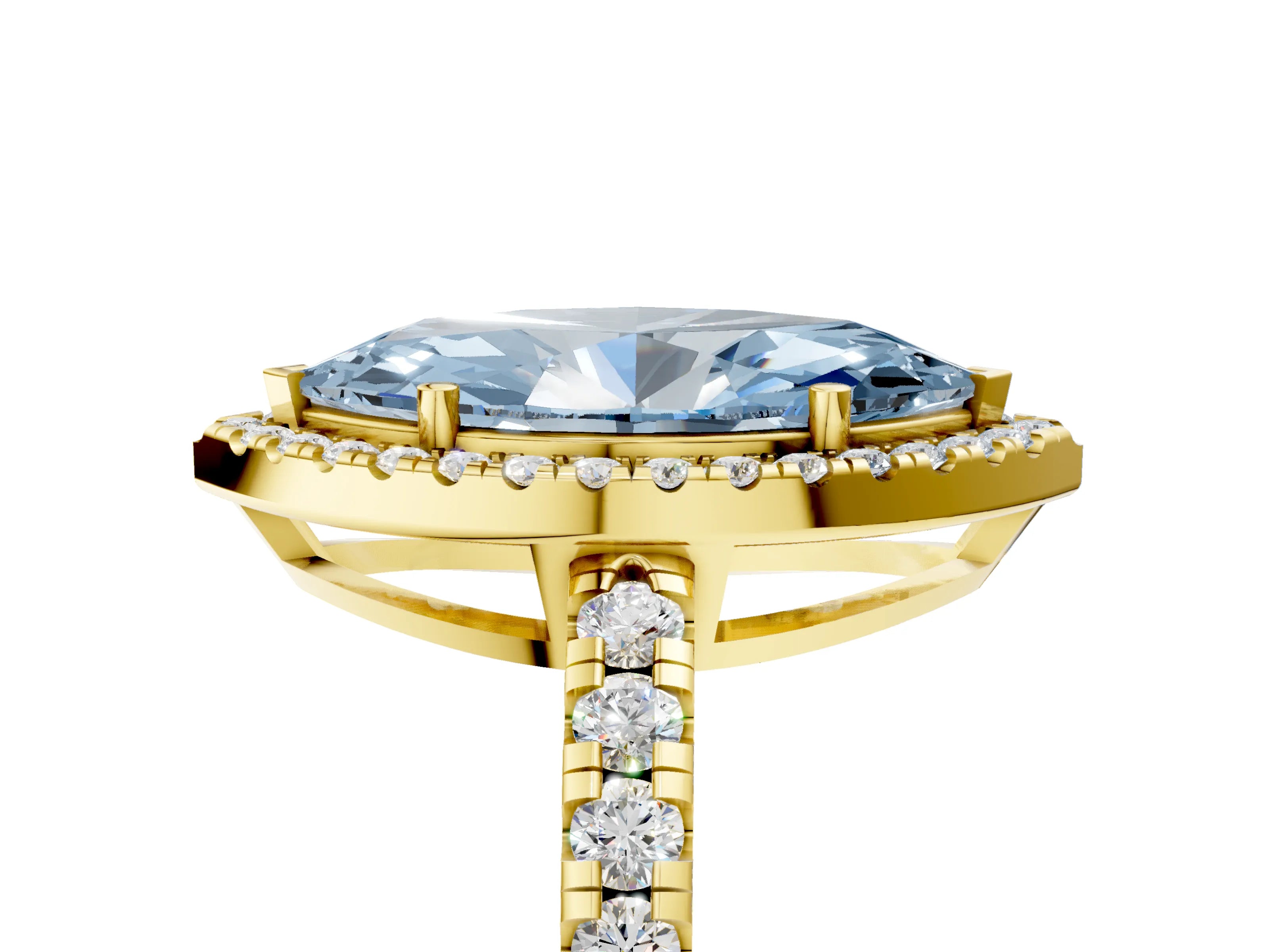 Yellow gold Fancy Blue Marquise Cut Diamond Halo Ring with Pavé Band and Four-Prong Setting_5