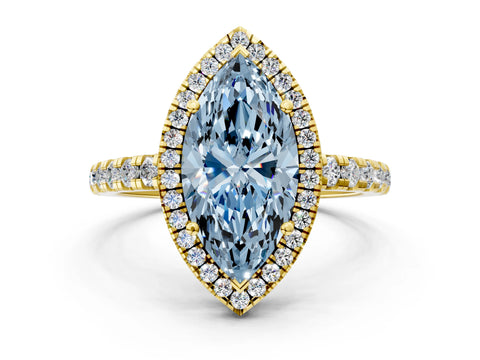 Yellow gold Fancy Blue Marquise Cut Diamond Halo Ring with Pavé Band and Four-Prong Setting
