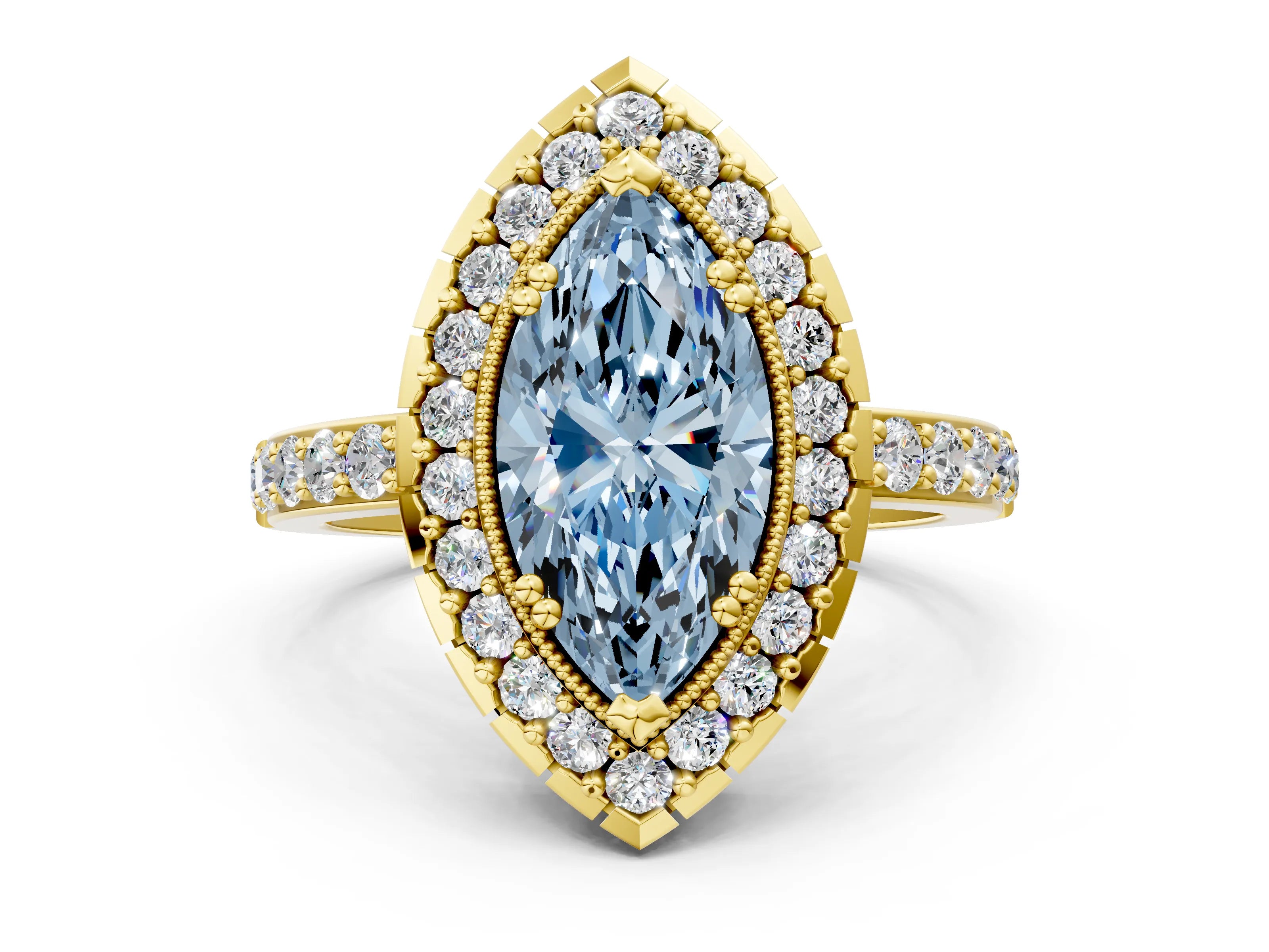 Yellow gold Fancy Blue Marquise Cut Diamond Halo Ring with Pavé Band and Prong Setting