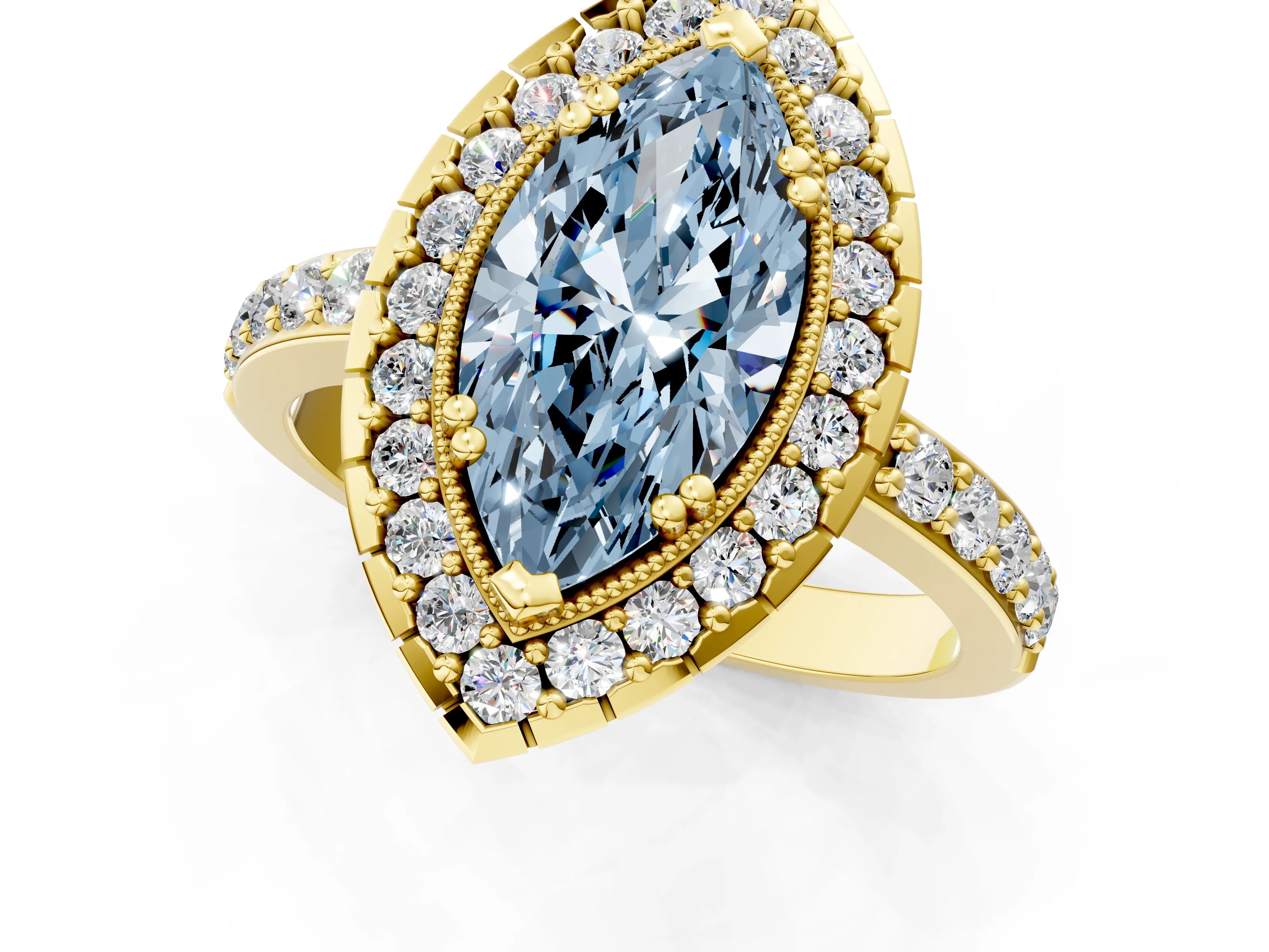 Yellow gold Fancy Blue Marquise Cut Diamond Halo Ring with Pavé Band and Prong Setting_1