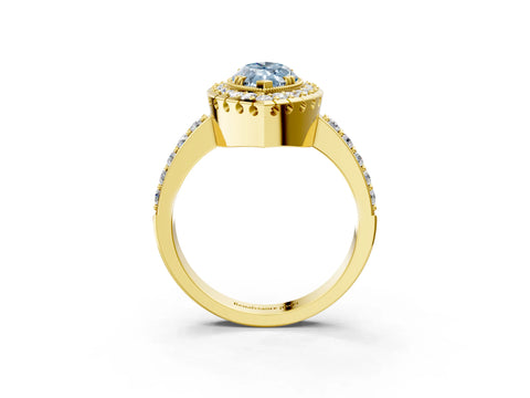 Yellow gold Fancy Blue Marquise Cut Diamond Halo Ring with Pavé Band and Prong Setting_3