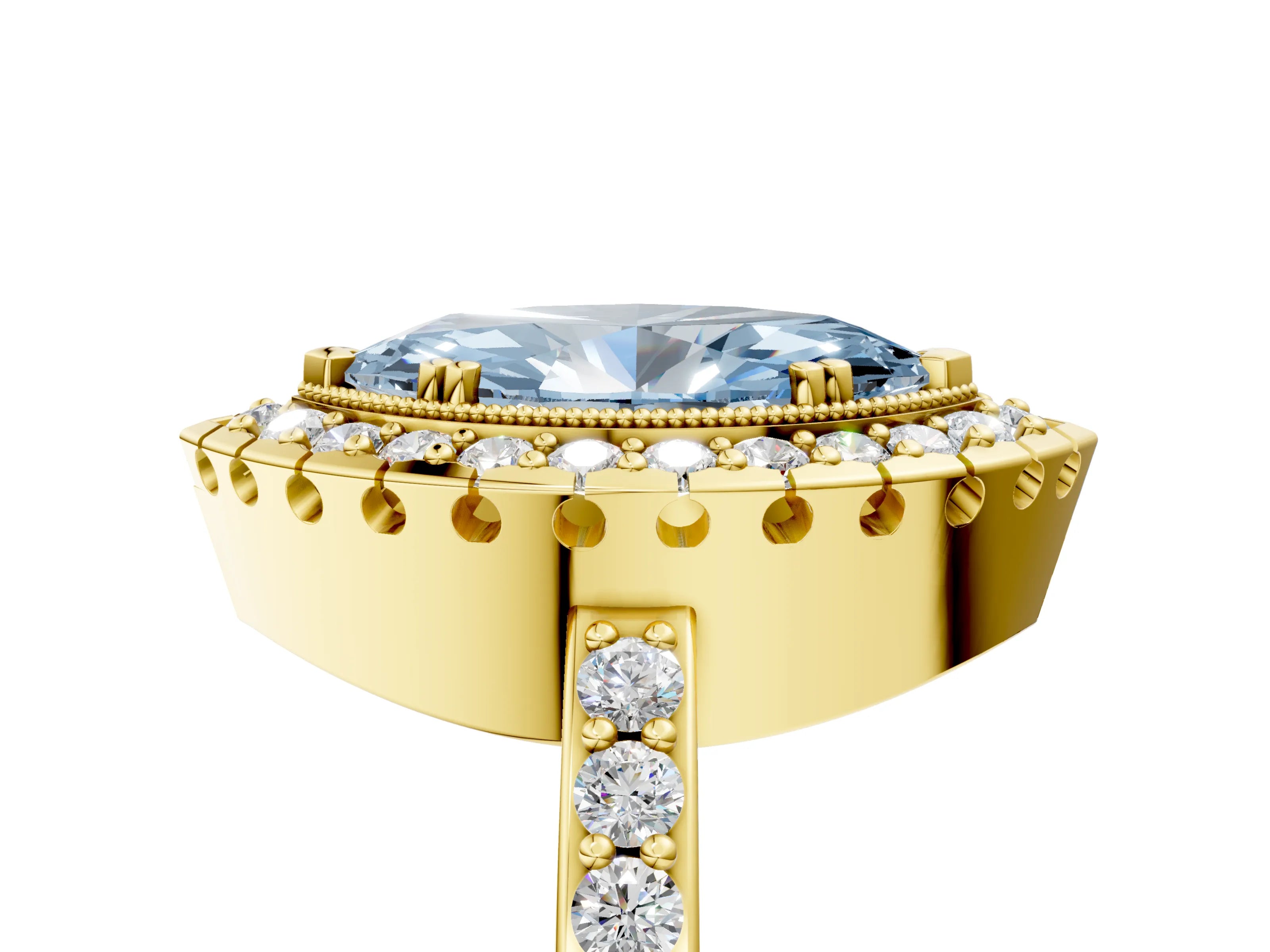Yellow gold Fancy Blue Marquise Cut Diamond Halo Ring with Pavé Band and Prong Setting_5