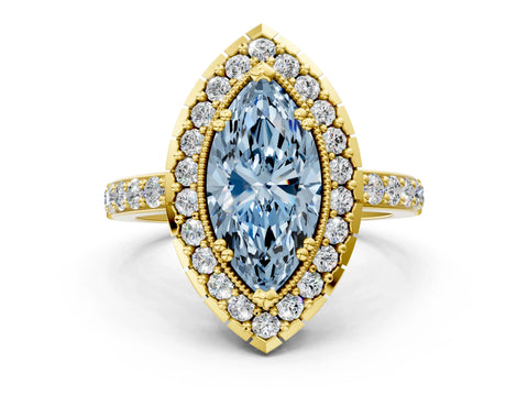 Yellow gold Fancy Blue Marquise Cut Diamond Halo Ring with Pavé Band and Prong Setting