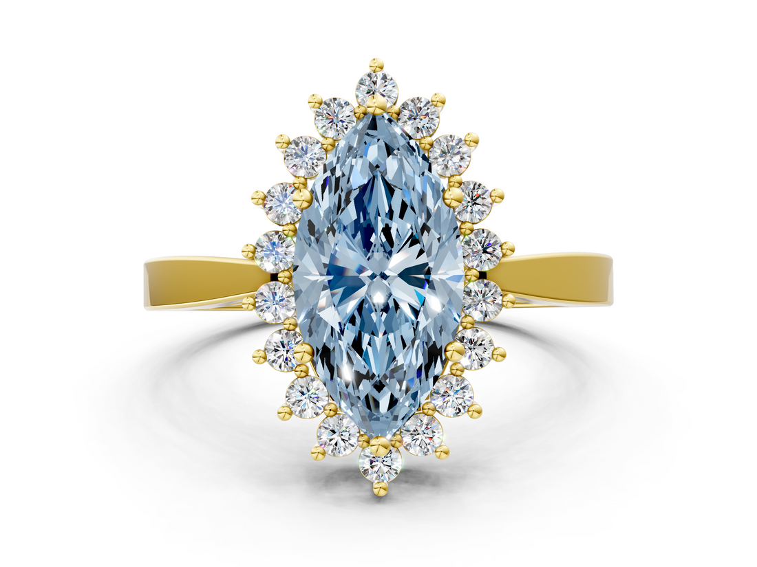 Yellow gold Fancy Blue Marquise  Cut Diamond Halo Ring with Round Brilliant Halo and Solitaire Band_87