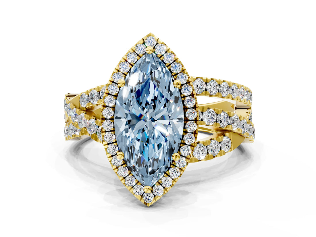 Yellow gold Fancy Blue Marquise Cut Diamond Halo Ring with Round Split Shank and Prong Setting_37