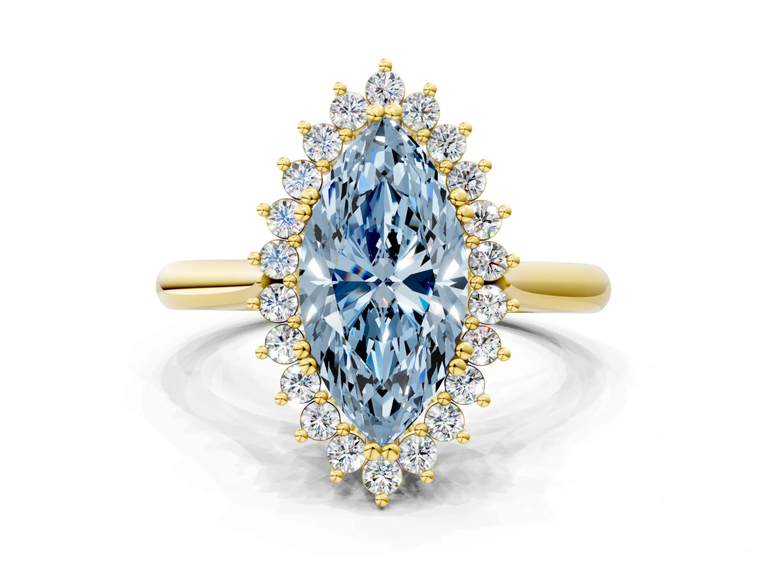 Yellow gold Fancy Blue Marquise  Cut Diamond Halo Ring with Solitaire Band and Prong Setting_53