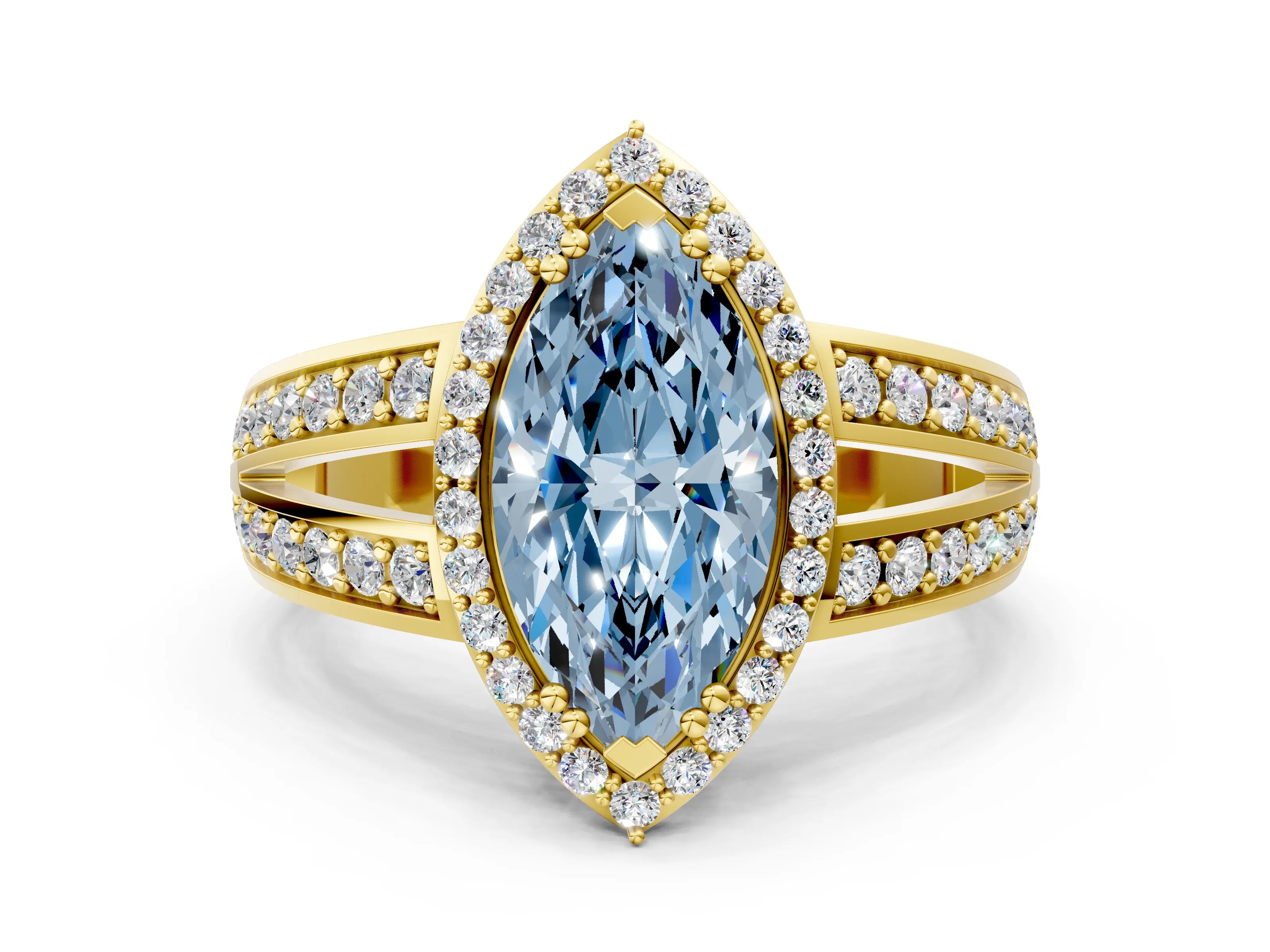 Yellow gold Fancy Blue Marquise Cut Diamond Halo Ring with Split Shank Pavé Band and Four-Prong Setting