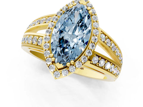 Yellow gold Fancy Blue Marquise Cut Diamond Halo Ring with Split Shank Pavé Band and Four-Prong Setting_1