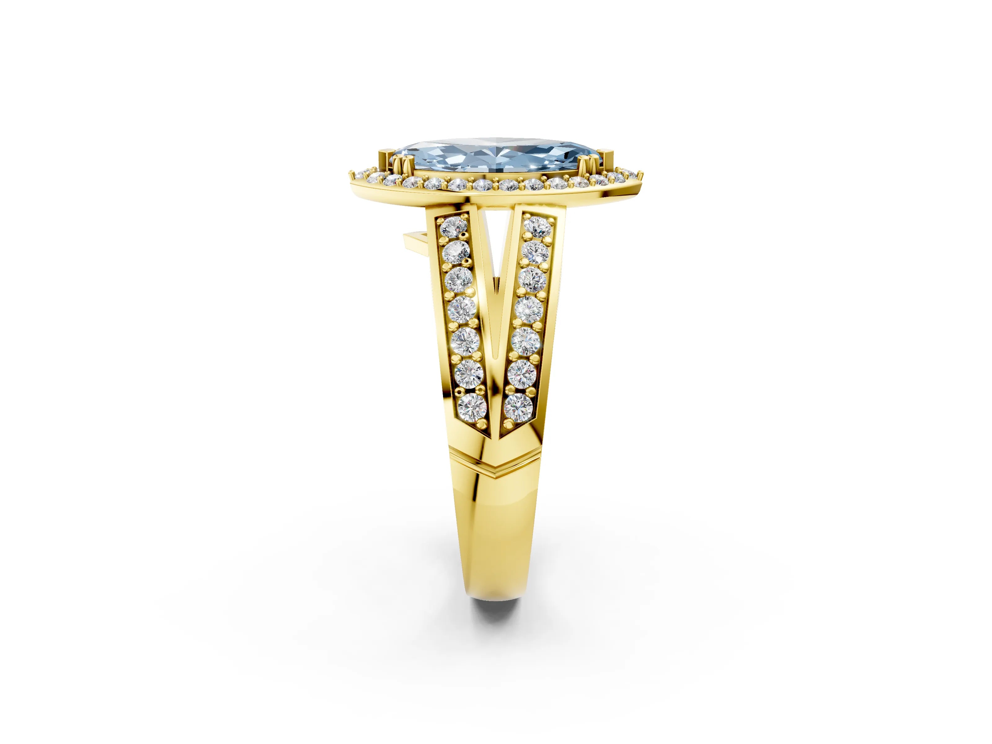 Yellow gold Fancy Blue Marquise Cut Diamond Halo Ring with Split Shank Pavé Band and Four-Prong Setting_2