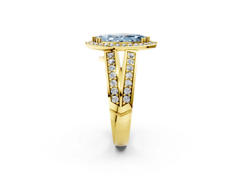 Yellow gold Fancy Blue Marquise Cut Diamond Halo Ring with Split Shank Pavé Band and Four-Prong Setting_2
