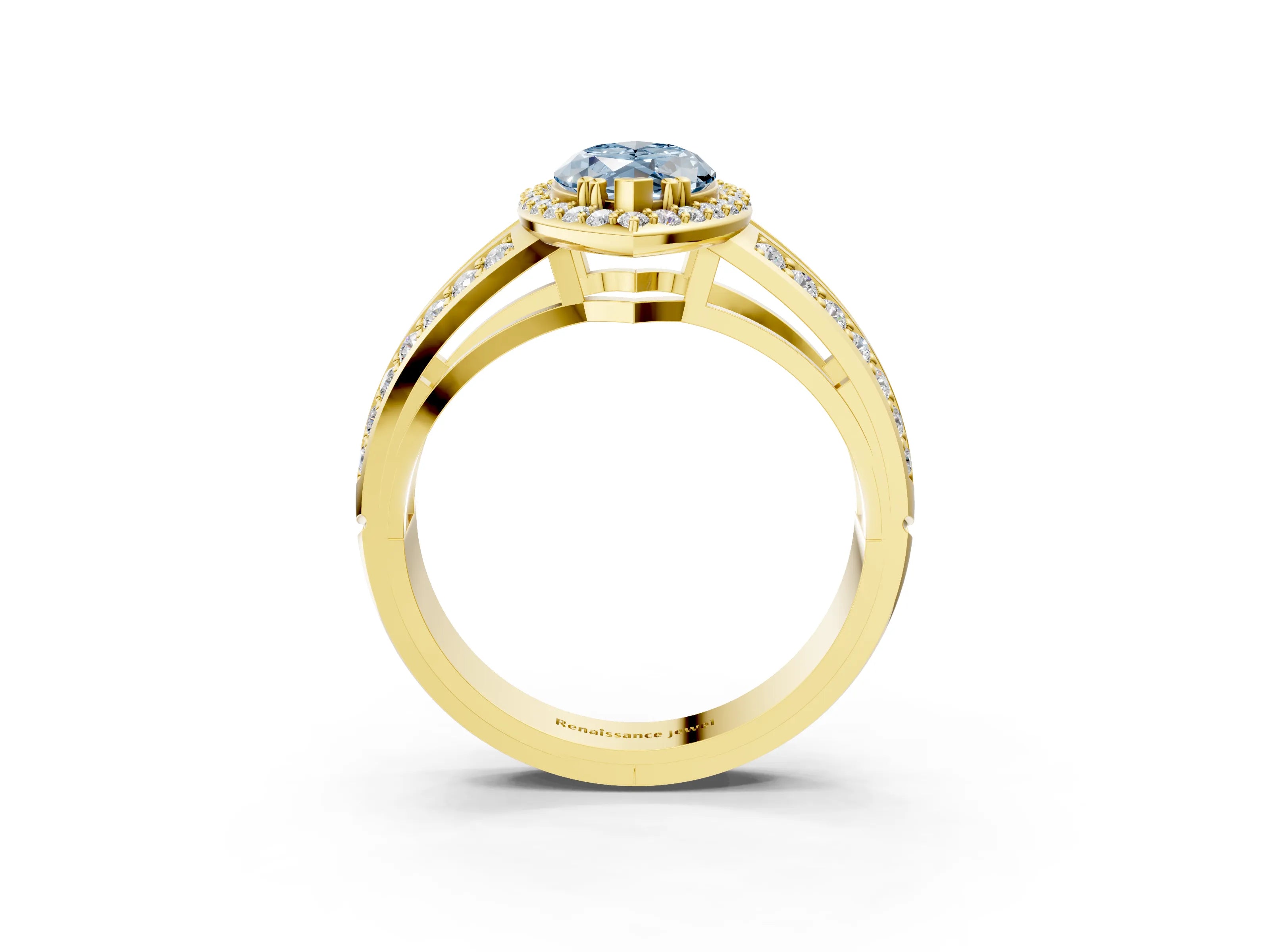 Yellow gold Fancy Blue Marquise Cut Diamond Halo Ring with Split Shank Pavé Band and Four-Prong Setting_3