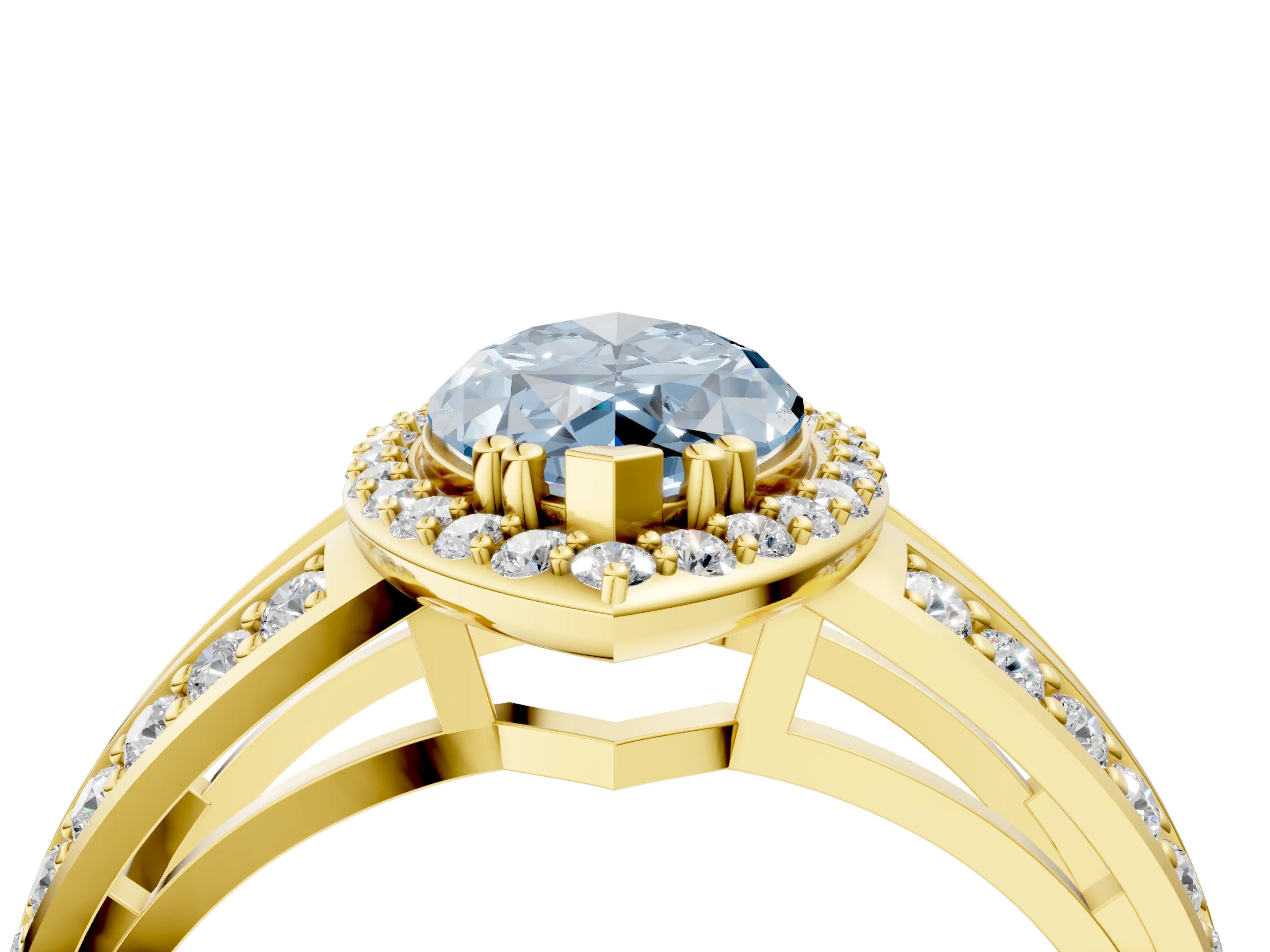 Yellow gold Fancy Blue Marquise Cut Diamond Halo Ring with Split Shank Pavé Band and Four-Prong Setting_4