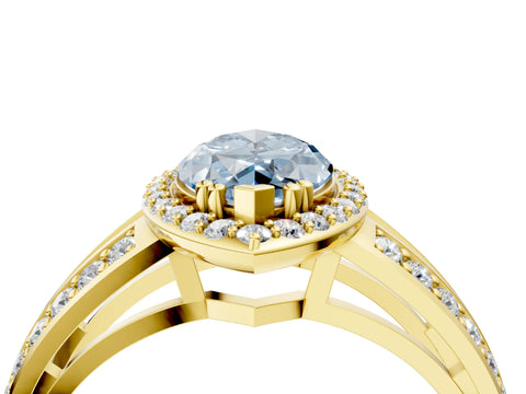 Yellow gold Fancy Blue Marquise Cut Diamond Halo Ring with Split Shank Pavé Band and Four-Prong Setting_4
