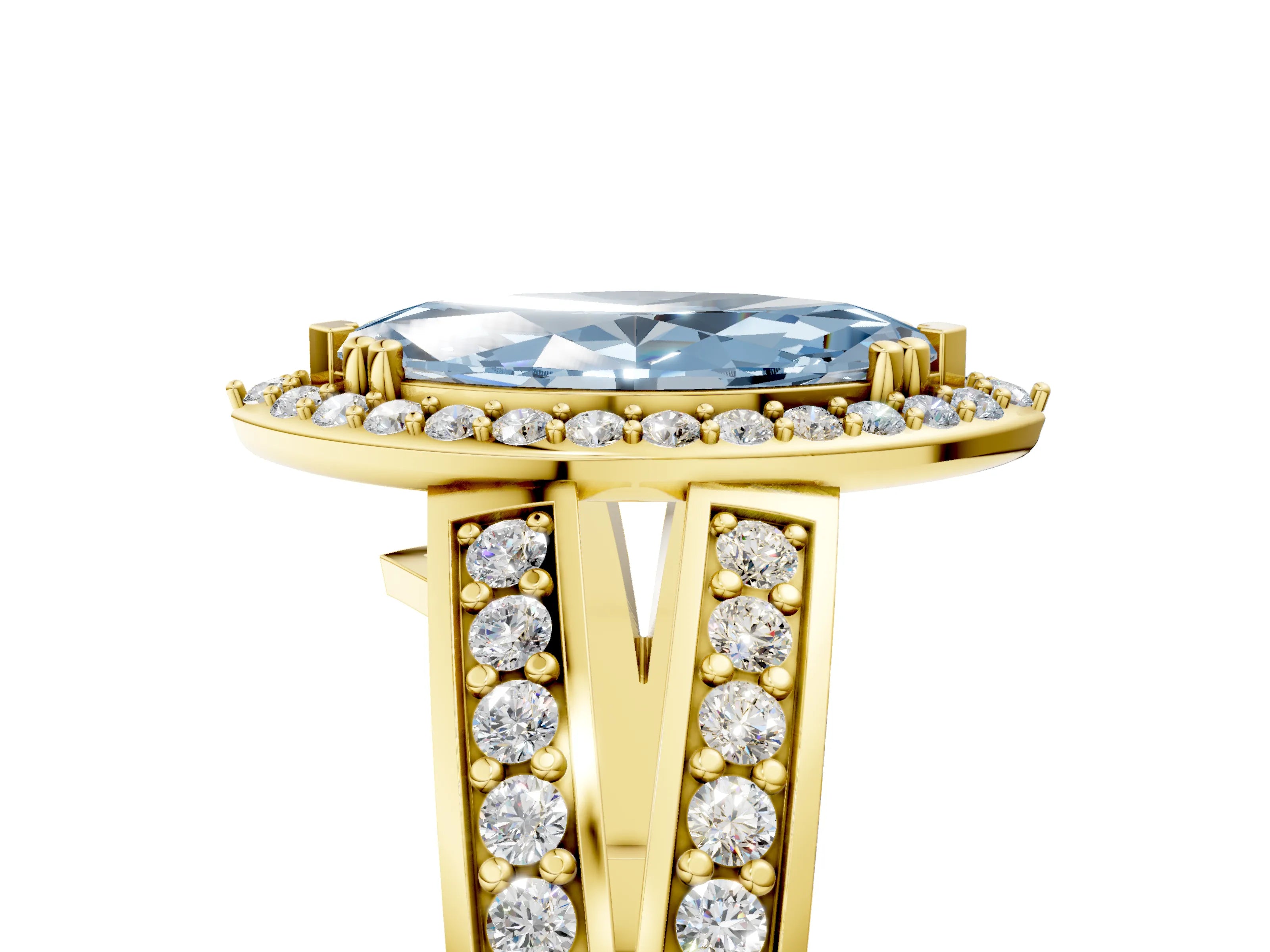 Yellow gold Fancy Blue Marquise Cut Diamond Halo Ring with Split Shank Pavé Band and Four-Prong Setting_5
