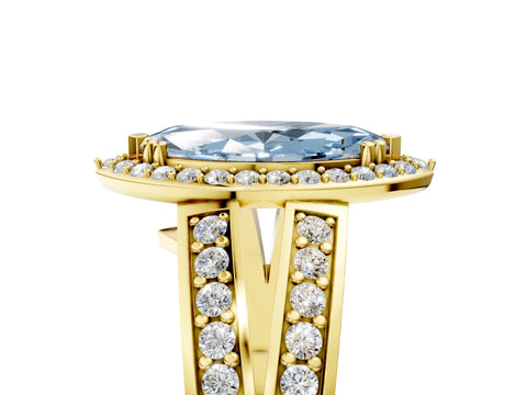 Yellow gold Fancy Blue Marquise Cut Diamond Halo Ring with Split Shank Pavé Band and Four-Prong Setting_5
