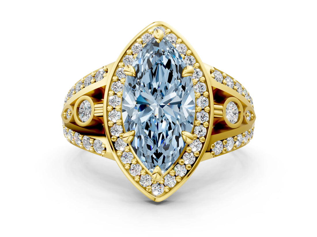 Yellow gold Fancy Blue Marquise Cut Diamond Halo Ring with Split Shank and Bezel Accents and Four-Prong Setting