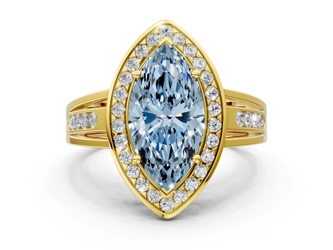 Yellow gold Fancy Blue Marquise Cut Diamond Halo Ring with Split Shank and Bezel Accents and Prong Setting