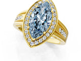 Yellow gold Fancy Blue Marquise Cut Diamond Halo Ring with Split Shank and Bezel Accents and Prong Setting_1