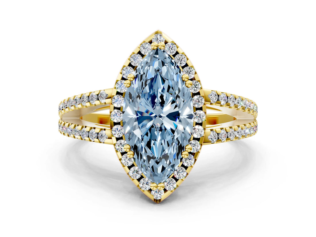 Yellow gold Fancy Blue Marquise Cut Diamond Halo Split Shank Engagement Ring_61
