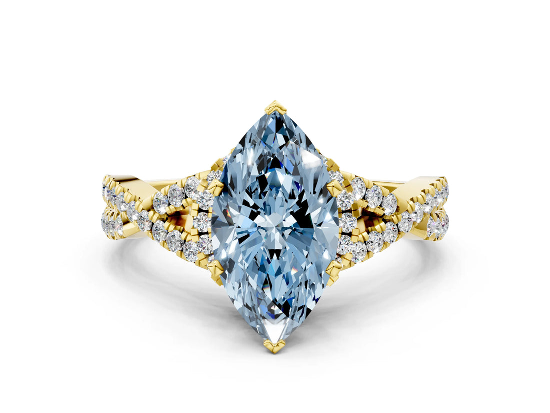 Yellow gold Fancy Blue Marquise Cut Diamond  Halo Twist Band Solitaire Prong Setting Ring_36