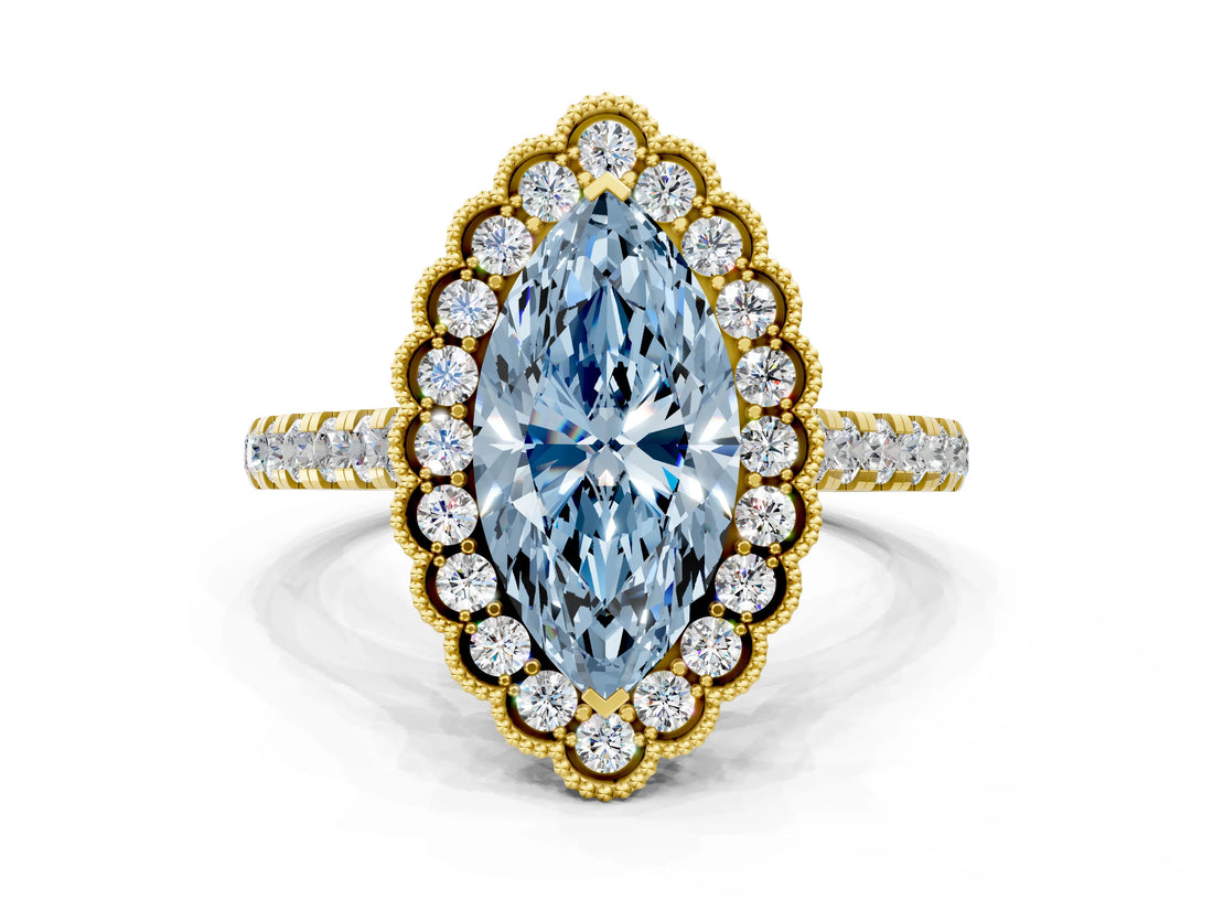 Yellow gold Fancy Blue Marquise  Cut Diamond Milgrain Floral Halo Engagement Ring with Pavé Band_15