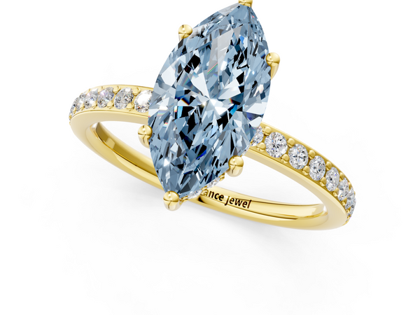 Yellow gold Fancy Blue Marquise  Cut Diamond Pavé Band Ring with Four-Prong Setting